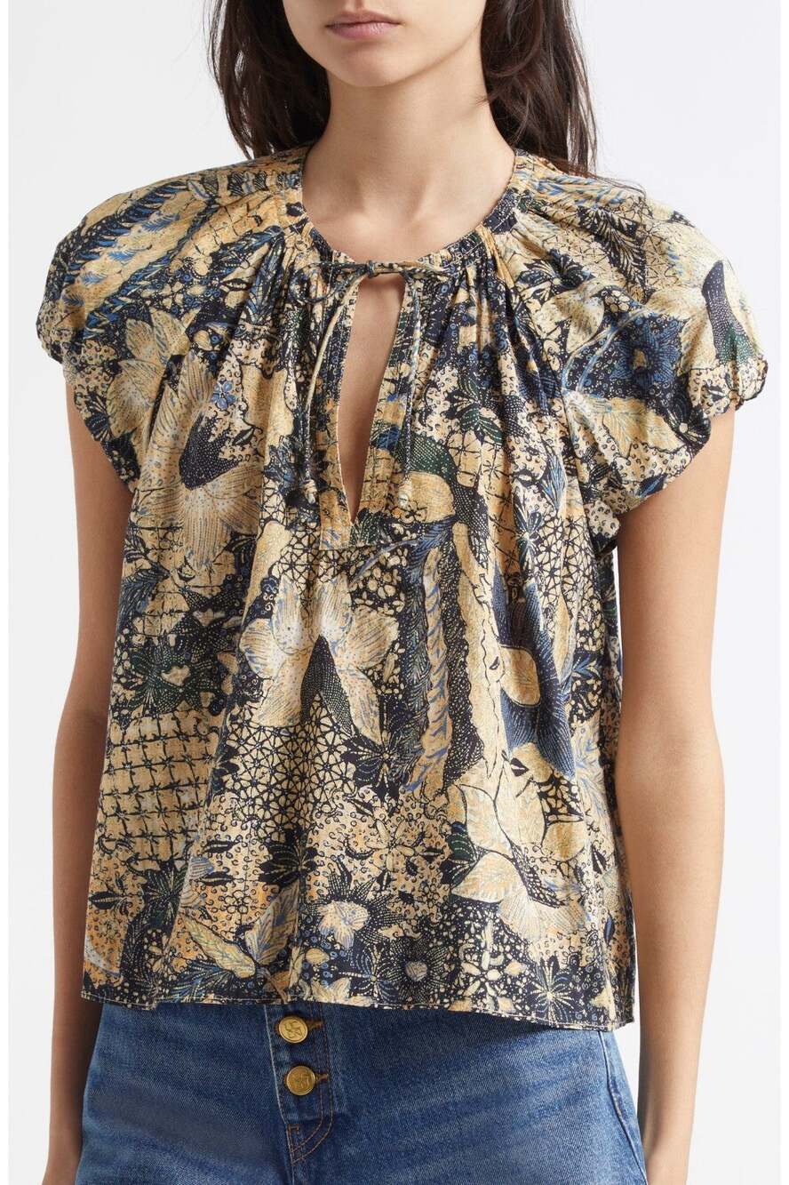 Ulla Johnson Issa Bellflower Top Size 4 Blue Floral Mixed Print Cotton Boho